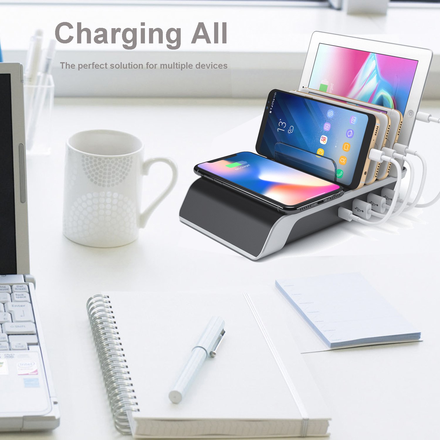 Leopardprintfans Charging Stations for Multiple Devices, 5-in-1 Desk Docking Station Organizer for iPhone Charging Stations, 3 USB/1 Type-C Ports and 1 of QI Wireless Charging Pad for Phone