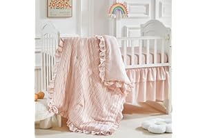 FLYSHEEP 3 Pieces Tufted Stripes Crib Bedding Set with Ruffle Fringe, Pink Ruffled Comforter with Fitted Sheet and Bed Skirt , Soft and Embroidery Shabby Chic Boho Bohemian Jacquard Design for Baby Girls Boys