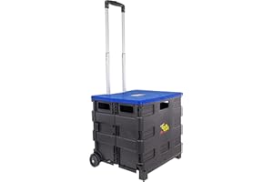 dbest products Quik Cart Collapsible Rolling Crate on Wheels for Teachers Tote Basket, 80 lbs Capacity, Blue Lid Made from Heavy Duty Plastic and used as a Seat
