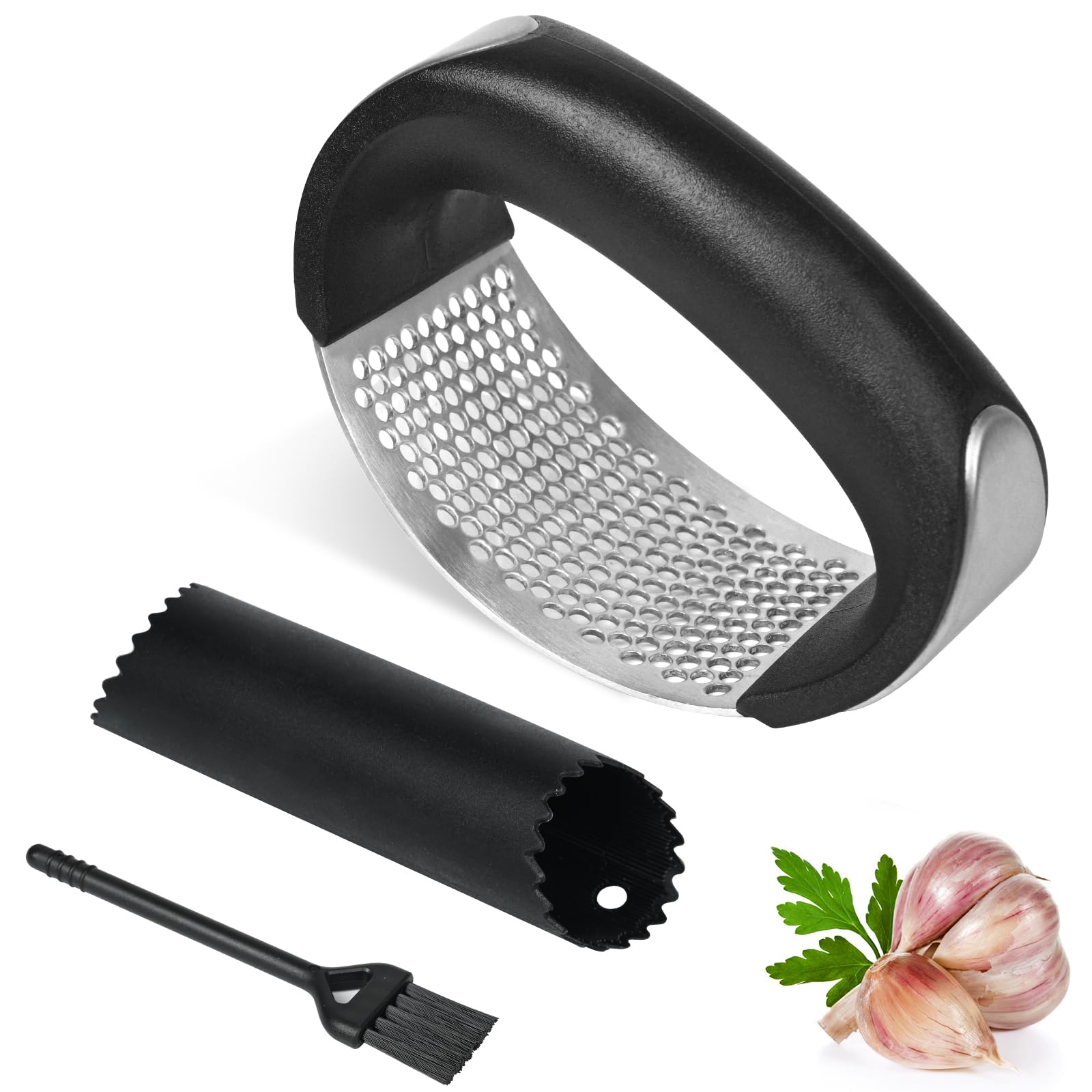 Garlic Press Rocker 304 Stainless Steel Garlic Crusher Press with Silicone Garlic Peeler & Cleaning Brush, Ginger Garlic Chopper Garlic Rocker Press Ginger Crusher Garlic Mincer Peelers for Kitchen