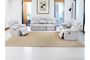 Dekmxas Living Room Furniture Sets Manual Reclining Sofa Set 3PCS Fabric Recliner Sofa Set Loveseat Couch Chair Set with Cup Holders&Storage Console for Living Room/Office (Grey White, 3 PCS Set)