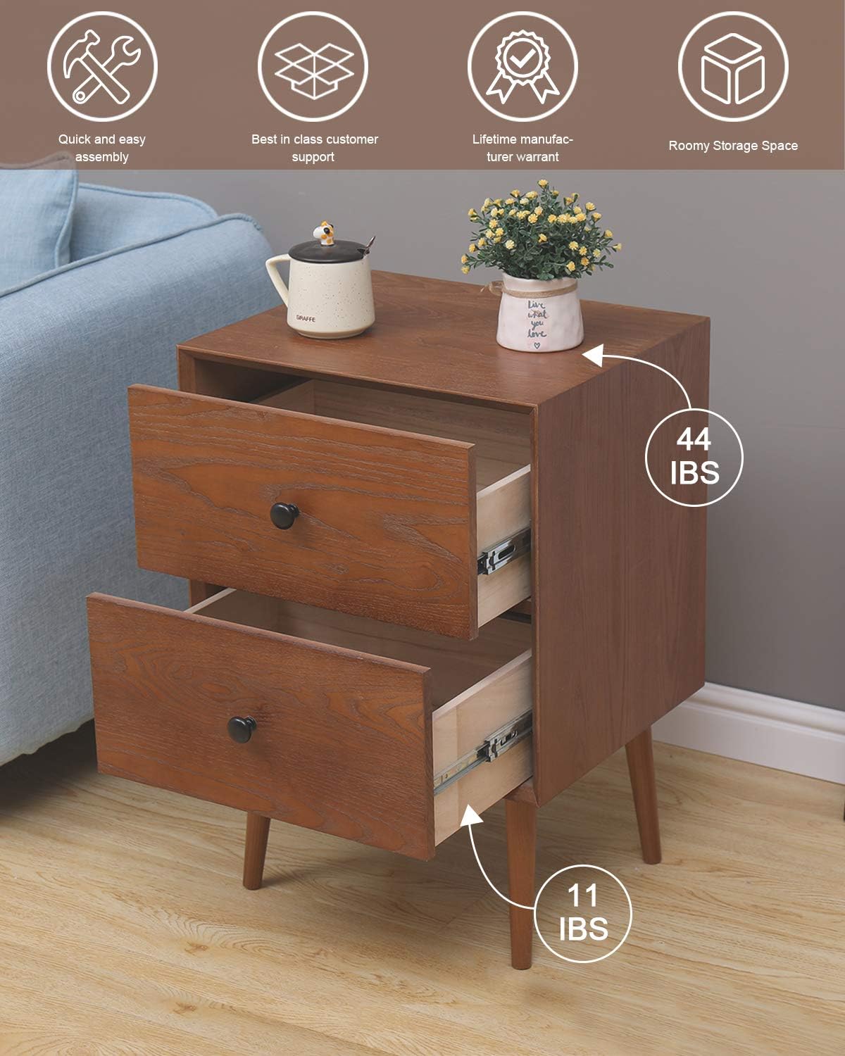 Hooseng Modern Nightstand with 2 Drawers Night Stand End Table Dresser for Home, Bedroom Accessories, Office, College Dorm, Steel Frame, Wood Top, Easy Pull Fabric Bins, Brown: Furniture & Decor