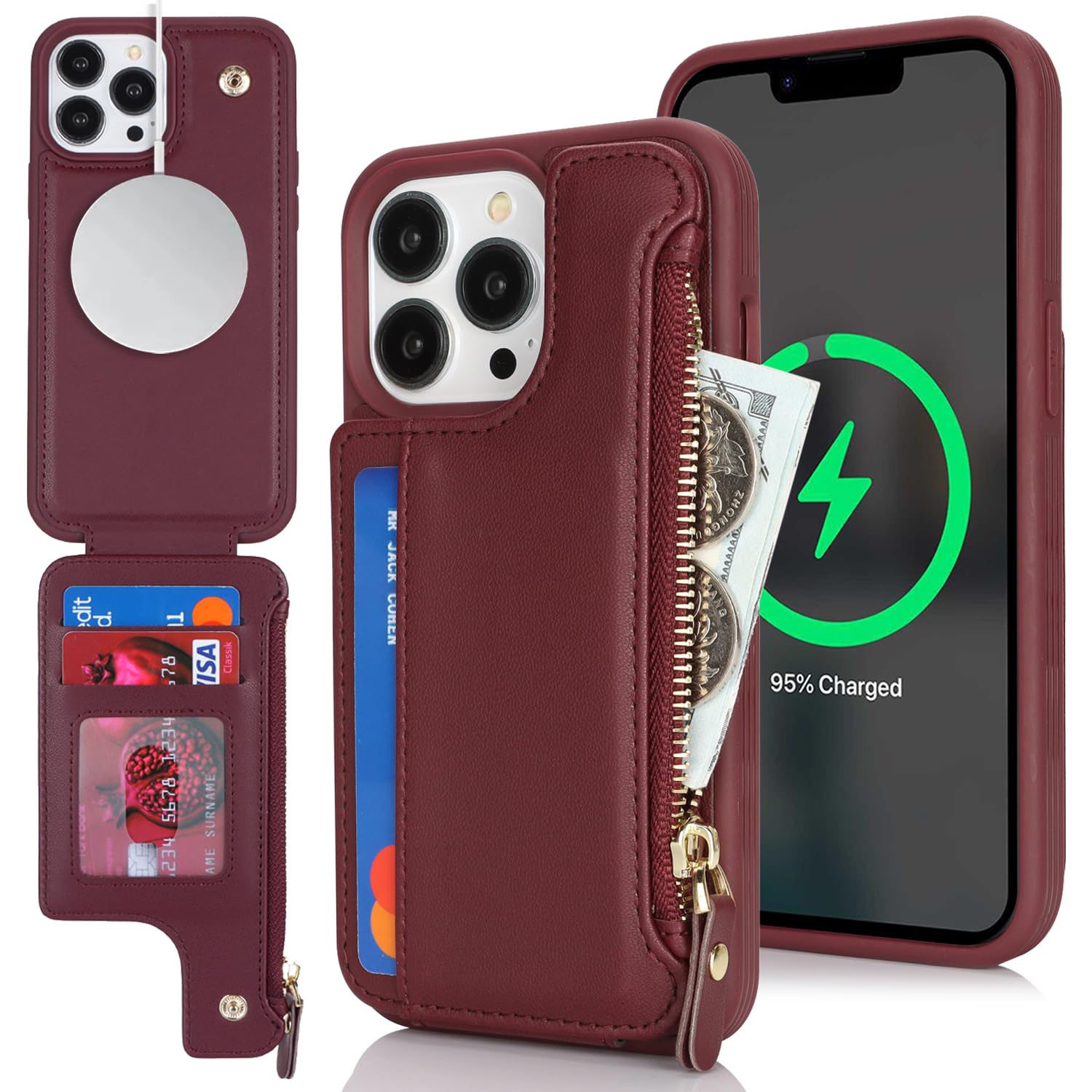 SailorTech iPhone 13 Pro Case with Credit Card Holder magsafe, iPhone 13 Pro Phone Leather Case Wallet for Women Compatible mag safe Card Slots Zipper Shockproof Case for Men - Burgundy