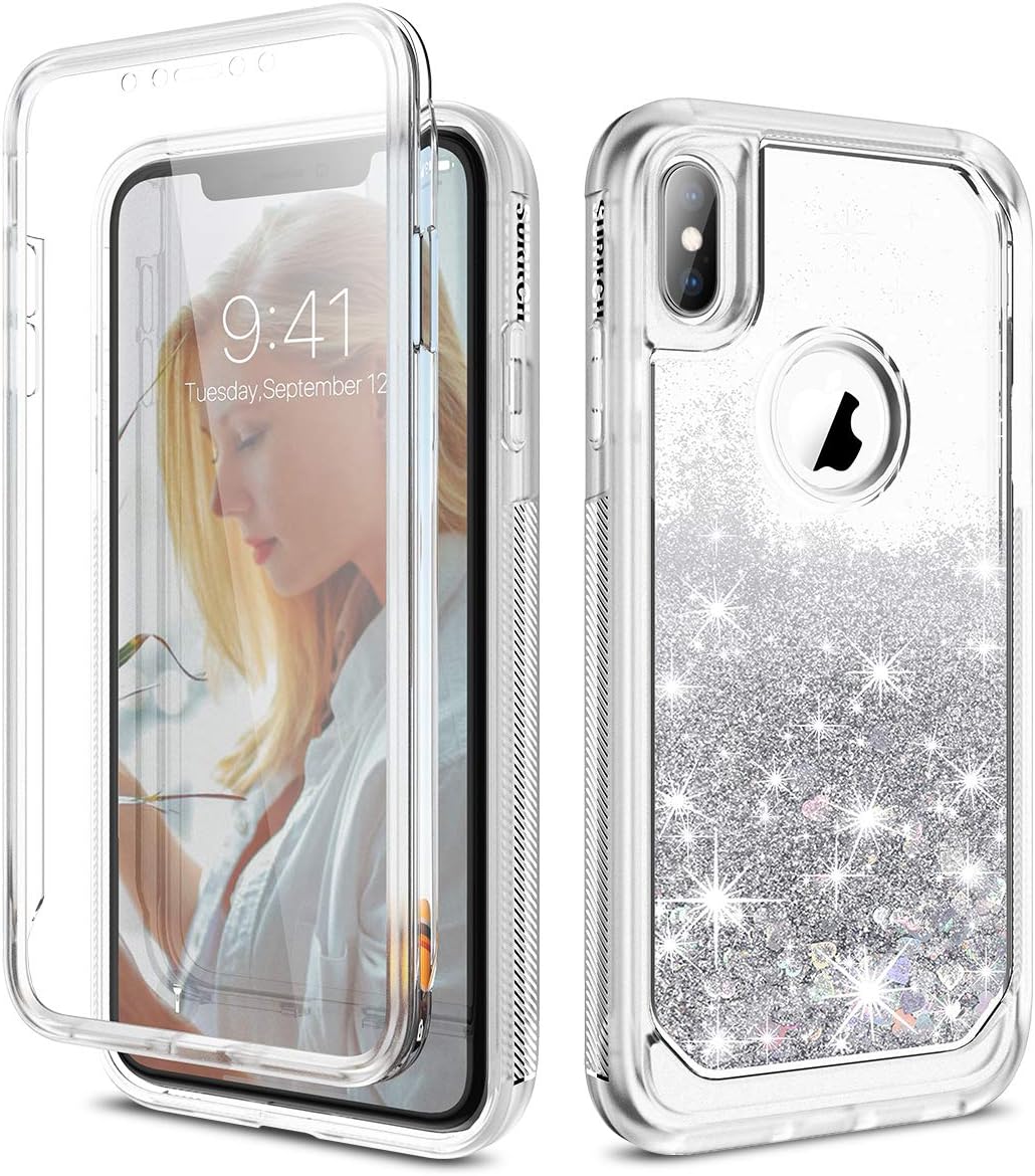SURITCH Case for iPhone X/iPhone Xs, [Built-in Screen Protector] Glitter Liquid Quicksand Floating Full-Body Protection Rugged Bumper Shockproof Case for iPhone X/iPhone Xs 5.8 Inch(Silver)