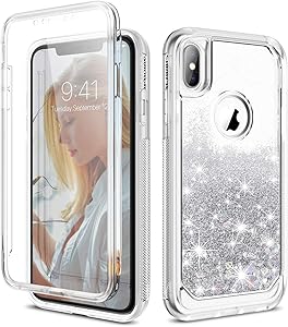 SURITCH Case for iPhone X/iPhone Xs, [Built-in Screen Protector] Glitter Liquid Quicksand Floating Full-Body Protection Rugged Bumper Shockproof Case for iPhone X/iPhone Xs 5.8 Inch(Silver)