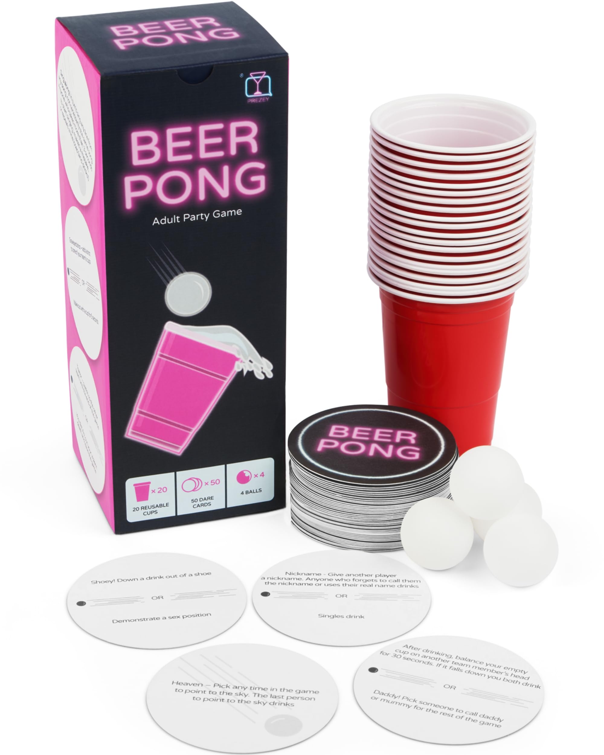 Prezey Dare Pong - Full Beer Pong Set with 20 Red Cups, 2 Balls and 78 Dares - Drinking Games For Adults, Hen Party Games, Hen Do Games, Party Games for Adults