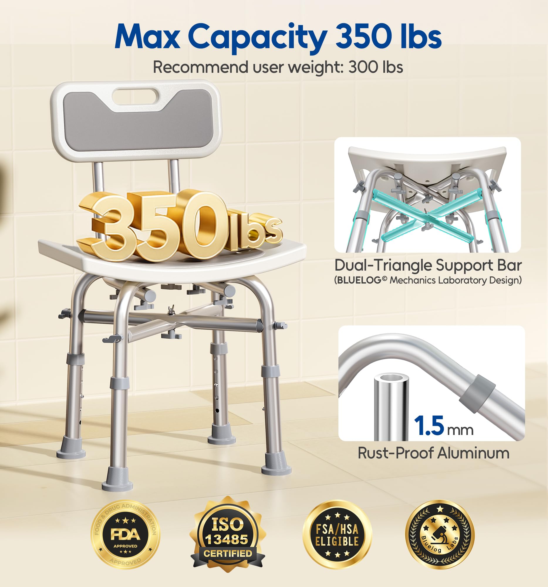 Shower Chair with Back for Elderly and Disabled, Shower Seat Bench Stool, Adjustable Height, 350 lbs Capacity, FSA/HSA Eligible, Rectangular