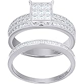 Jewels By Lux Sterling Silver Women's Cubic-Zirconia Duo Bridal Anniversary Wedding Engagement Band Ring Set