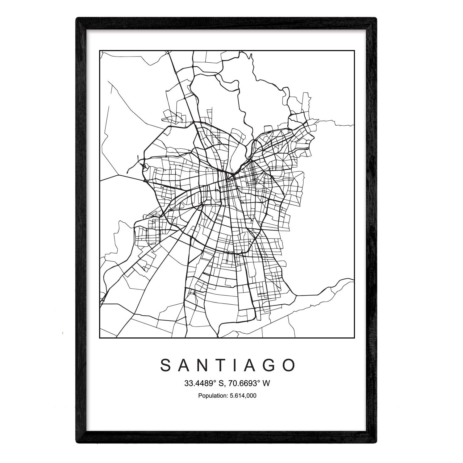 Nacnic Print city map Santiago Scandinavian style in black and white. A3 size poster Printed paper No 250 gr. Paintings, prints and posters for living room and bedroom โ image 1