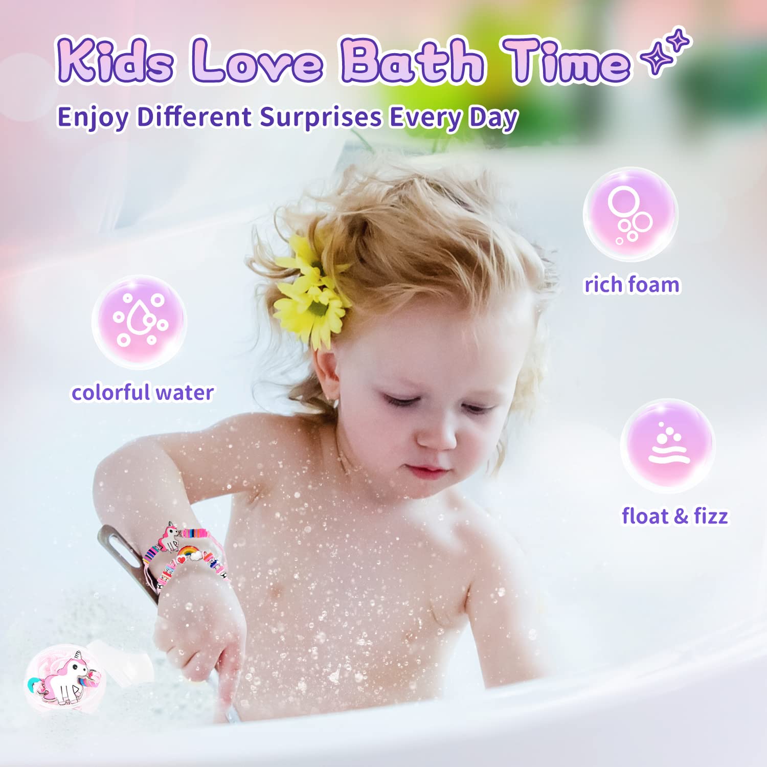 Kids Bath Bombs with Surprise Inside,9 Pack Unicorn Bath Bombs for Girls-5 with Surprise Toys,Including Jewelry Toys,Natural Organic Kids Bubble Bath with Fruity Scents,Relaxing Aromas,Birthday Gift