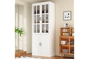 MOUMON Kitchen Pantry Storage Cabinet with Glass Doors, Pantry Cabinet and Kitchen Storage, Adjustable Shelves and Doors, for Hallway Living Room White (31.5”W x 15.7”D x 78.7”H)