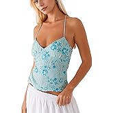calbatic Women Sequin Cami Top Rhinestone Sparkle Sleeveless V Neck Camisole Open Back Summer Crop Top Party Clubwear