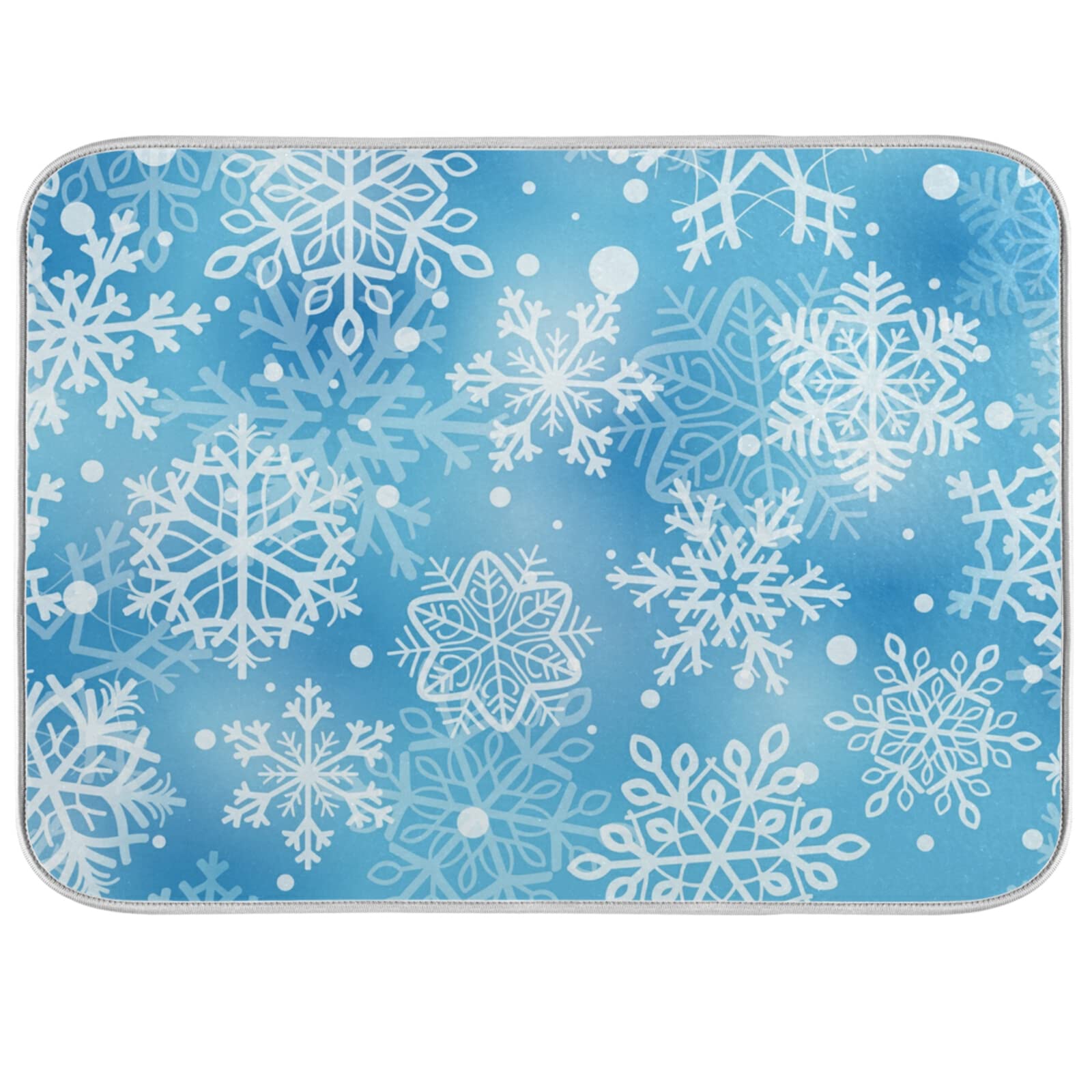 Absorbent Dish Drying Mat Blue Snowflake Dishes Drainer Protector Pad Pot Holder Pet Mat with Hanging Loop for Kitchen Countertops Sinks Refrigerator 45.7 x 60.9 CM