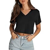 Womens Crop Tops Summer Baisc Tees V Neck T Shirts Casual Short Sleeve Cropped Top