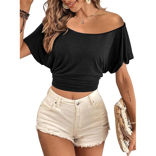 Remidoo Women's Off Shoulder Short Sleeve Top - Asymmetrical Neck Loose Fit Tee, Casual Summer Blouse