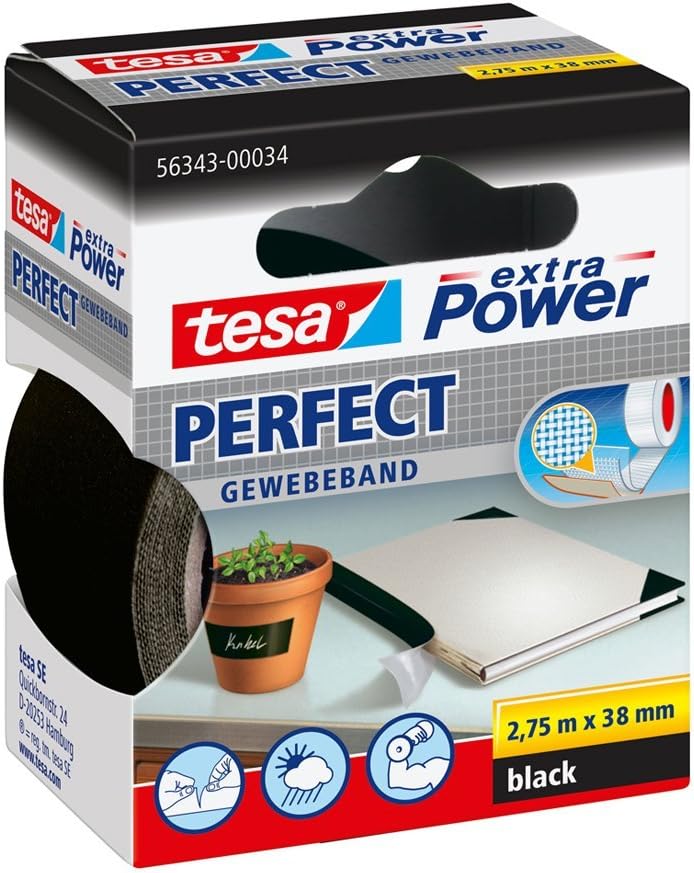 tesa UK Extra Power Multi-Purpose Cloth Tape, 2.75 m x 38 mm - Black