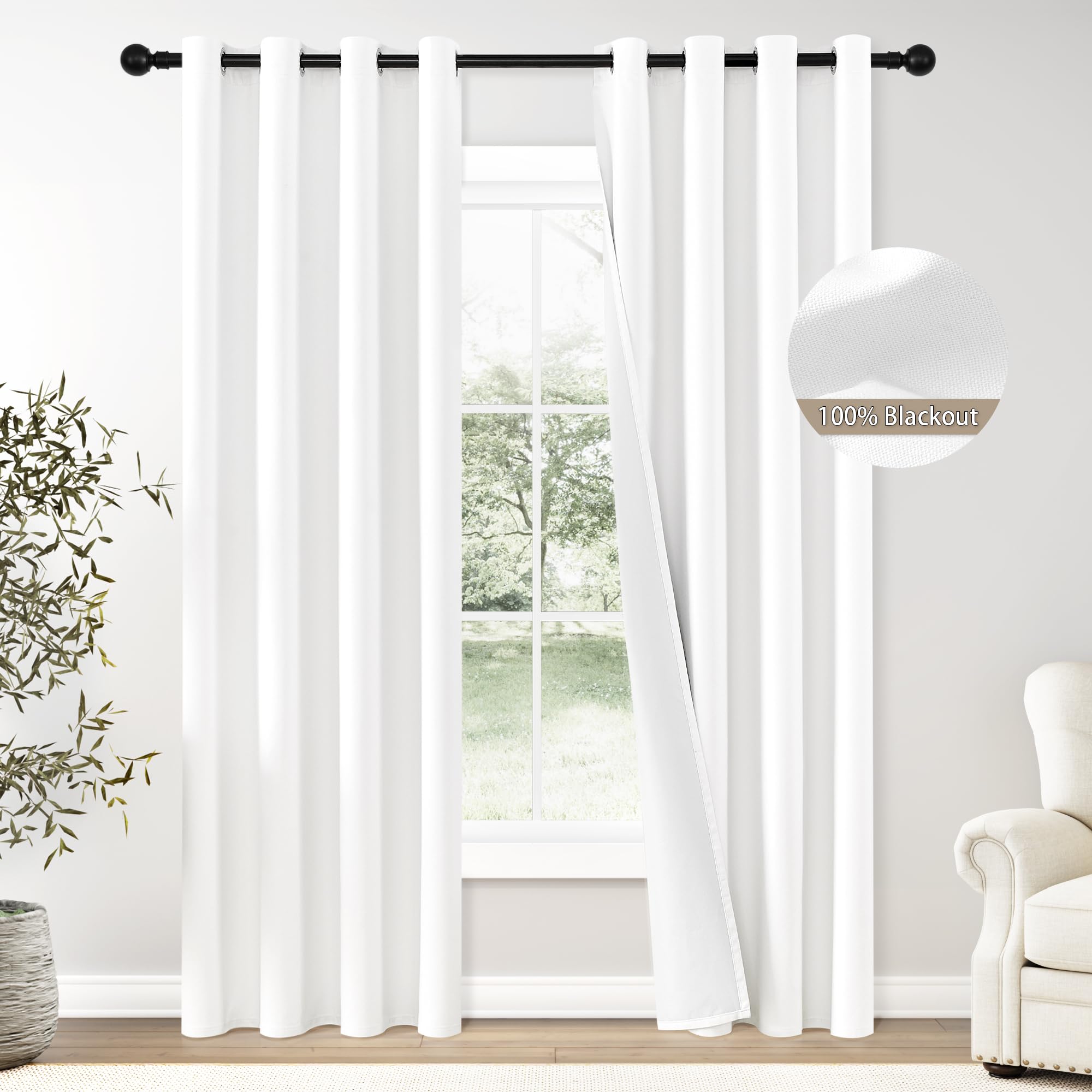 Photo 1 of ChrisDowa 100% Blackout Pure White Solid Curtains 96 Inches Long 2 Panels for Bedroom Living Room,Farmhouse Room Darkening Thermal Insulated Soundproof Grommet Top Window Treatment Drapes,52x96