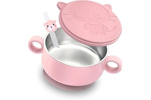 qianliyer Stainless Steel Toddler Bowls Kid Stainless Steel Suction Plates for Baby Suction Cup Bowls with Lids for Baby Dishes Feeding Set Devided Toddler Plates with Suction (SP-04Pink)