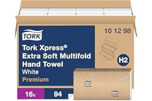 Tork Extra Soft Multifold Hand Towels White with Blue Leaf Print, H2 Dispenser Compatible 16 Packs x 94 Towels (101298)