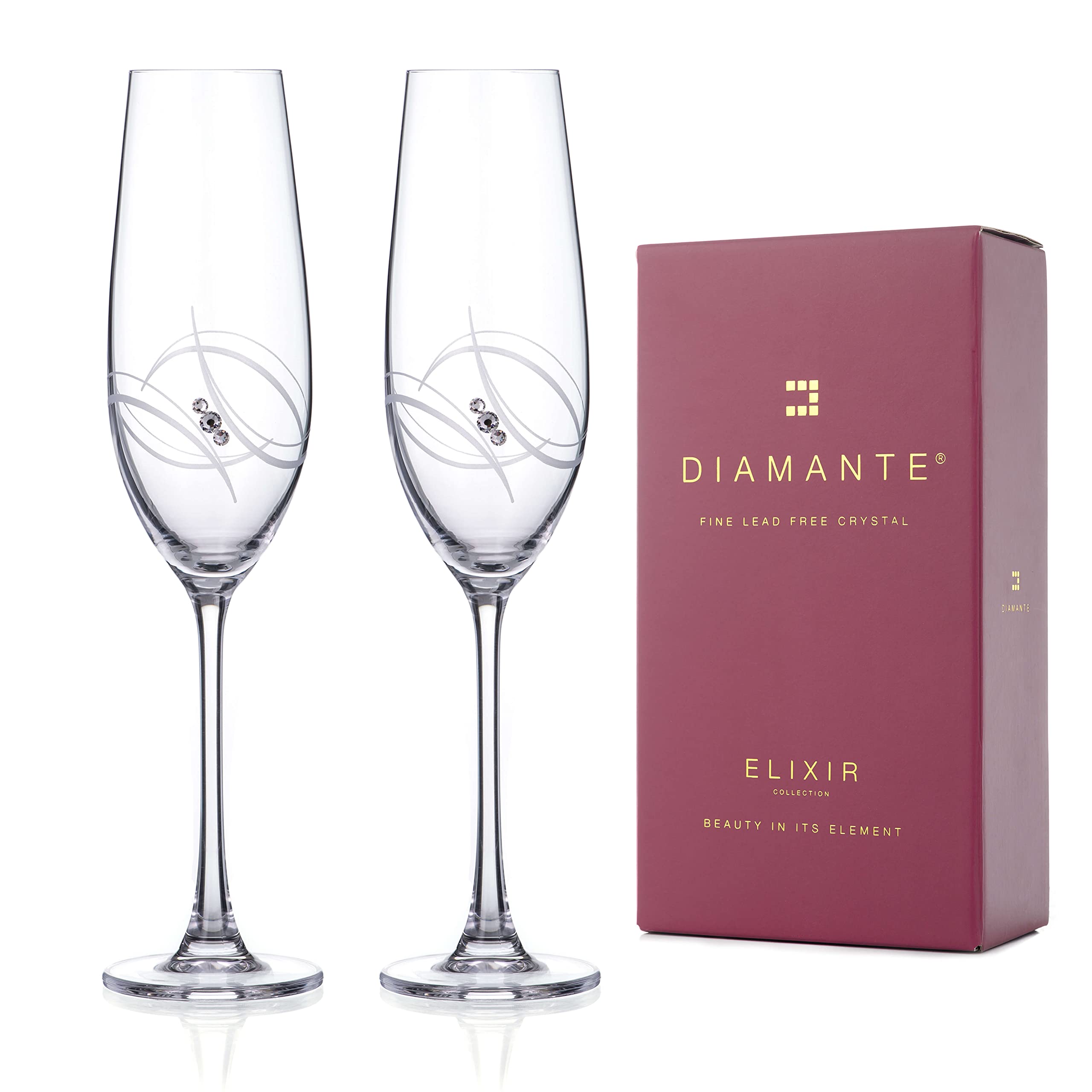 DIAMANTE Two Swarovski Atlantis Champagne and Prosecco Glasses Embellished with Crystals - Set of 2pcs in a Gift Box