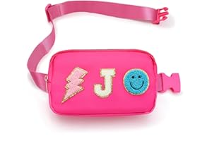 PAINZIETEG Fanny Pack for Girls Crossbody Bag, Preppy Nylon Kids Belt Bag for Birthday Christmas Graduation Personalized Gifts, Pink Chenille J Letter for Women Teen Girls Fanny Pack