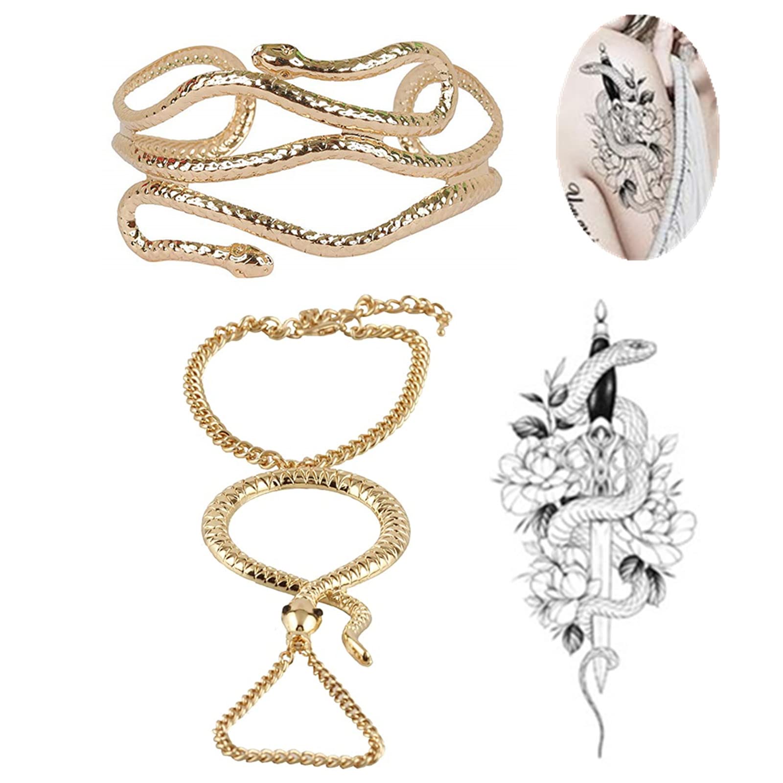 XHBTS Snake Tattoo Sticker and Swirl Snake Arm Cuff Armlet Armband Open Bracelet Burnished Gold Snake Adjustable Finger Ring and Slave Hand Chain Bracelet One Size Fits All