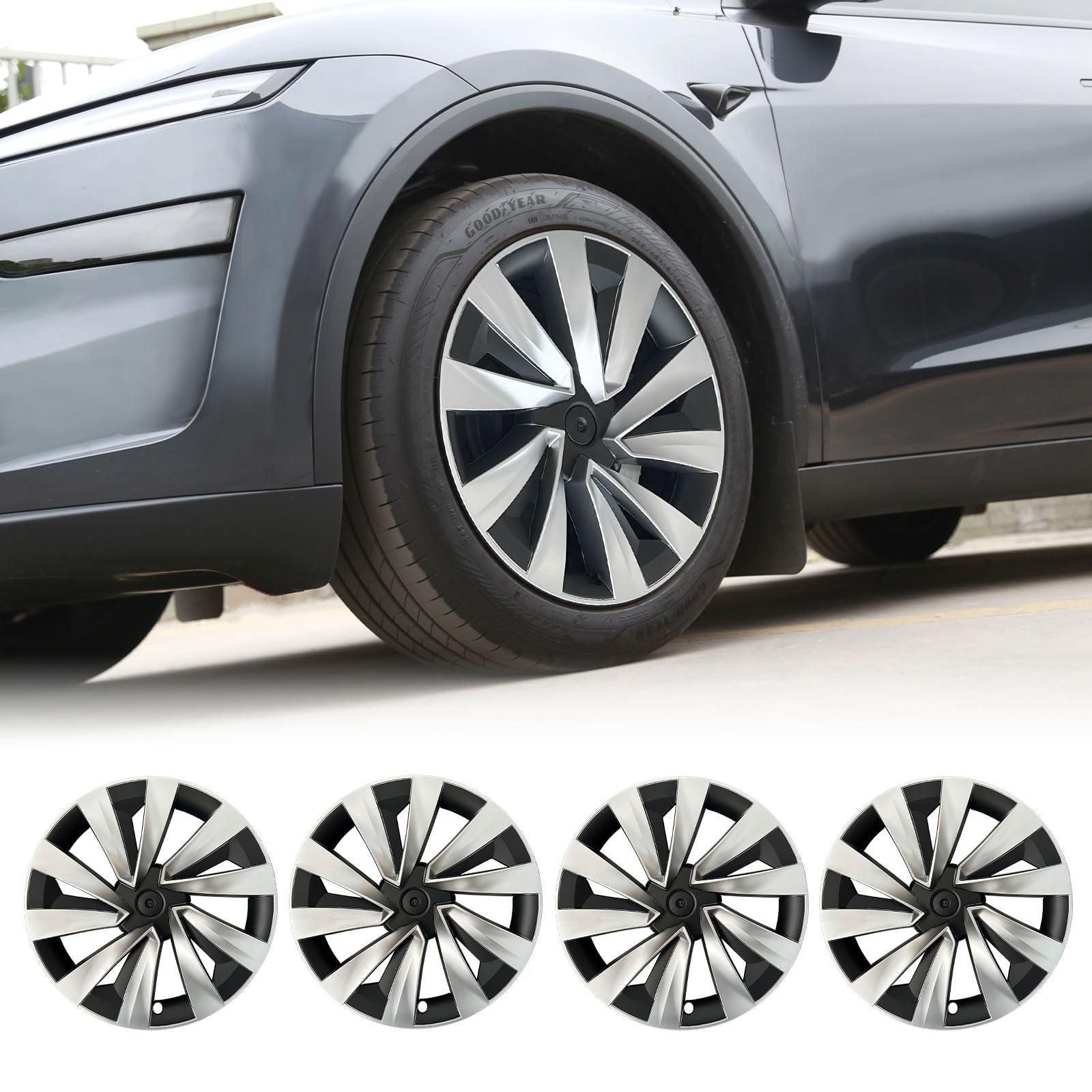 Photo 1 of 19 Inch Wheel Covers for Tesla Model Y Juniper 2025 2026, 4PCS Spiral Hubcaps Wheel Rim Protectors with Center Caps for Model Y Juniper Accessories, Seamless Fit, Sporty Style, Silver & Black