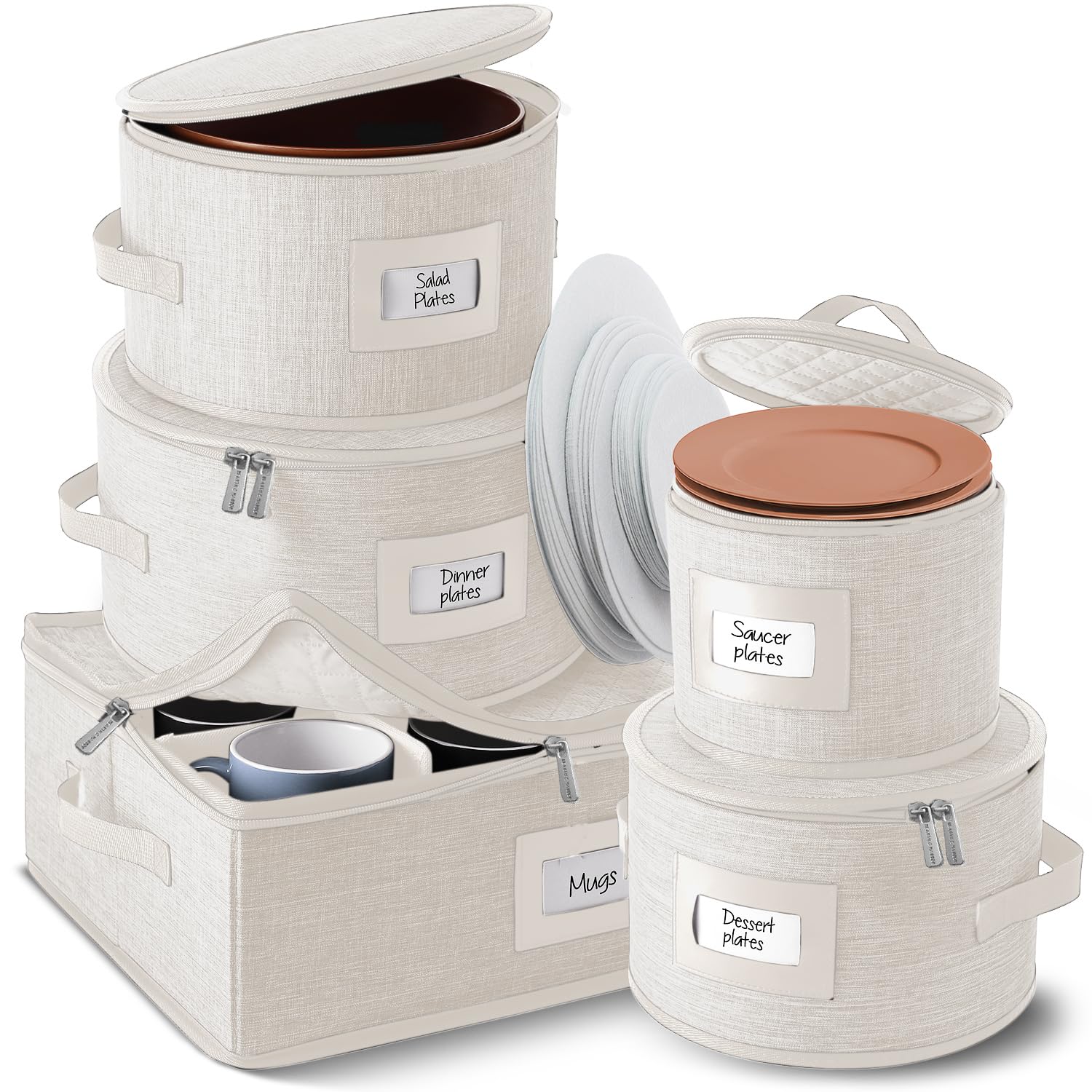 Fine China Storage Containers, 5 Piece Quilted Dish Storage Containers, Mug, Cup, and Plate Dish Organizer with Felt Dividers, Service of 12 Dinnerware Boxes for Moving, Seasonal Organization, Cream Image Fine China Storage Containers, 5 Piece Quilted Dish Storage Containers, Mug, Cup, and Plate Dish Organizer with Felt Dividers, Service of 12 Dinnerware Boxes for Moving, Seasonal Organization, Cream Image