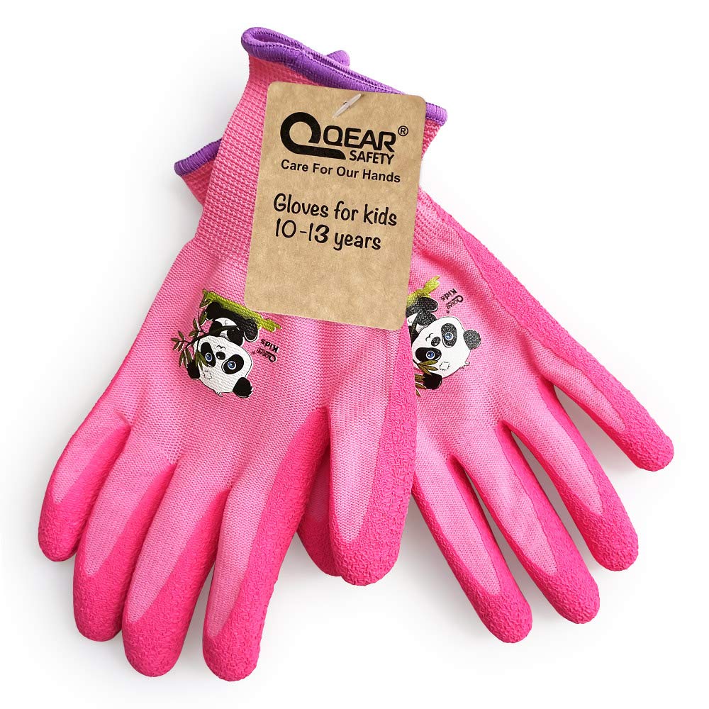 QEARSAFETY 1Pair Junior/Preteen 10-13 Years Girl Pink Garden Work Gloves, DIY, Outdoor, Knitted Liner,Latex Rubber Palm Coated, Water/Dirty Resistance (10-13 years pink)