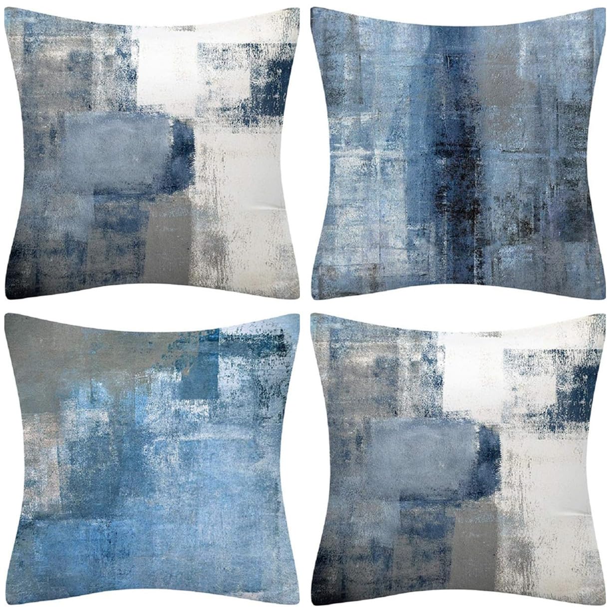 QUALKNOY Set of 4 Cushion Covers 18"x18" Blue and Grey Dense Linen Modern Abstract Art Decorative Throw Pillow cases 45 x 45cm for Living Room Garden Outdoor Decor Pillowcases