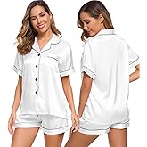SWOMOG Womens Silk Satin Pajamas Set Short Sleeve Sleepwear Button Down Top and Shorts Loungewear 2 Piece Pjs Set XS-3XL
