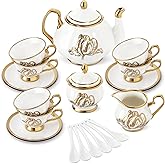 fanquare 21 Pieces British Porcelain Tea Set, Gold Tulip Tea Service for Afternoon Tea Party, 6 Teacup and Saucers for Coffee Home Wedding Birthday
