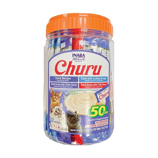 INABA CHURU CAT TREATS, GRAIN-FREE, LICKABLE, SQUEEZABLE CREAMY PURÉE CAT TREAT/TOPPER WITH VITAMIN E & TAURINE, 0.5 OUNCES EACH TUBE, 50 TUBES, TUNA & SEAFOOD VARIETY