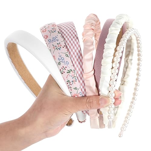 QFGasre 7 Pcs Headbands for Women Non-Slip Hair Bands Hoop Cute Floral Padded Headbands Hairs Wrap Trendy Pearl Heads Band Vintage Wide Hair Accessories for Student Friends Wife