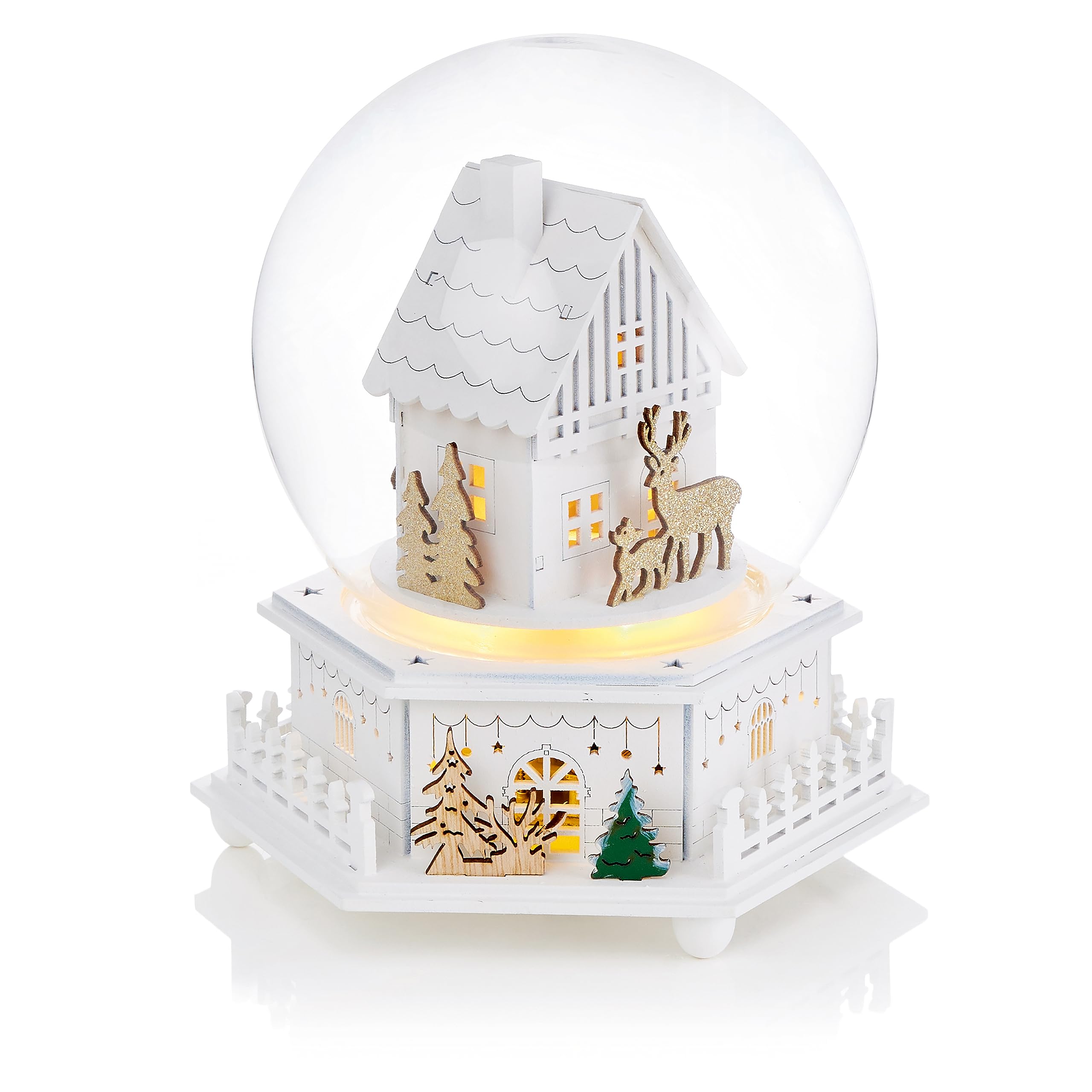 Christmas Musical LED Revolving House Globe 20cm High Plays - We Wish You a Merry Christmas - Large Globe - Wooden Base