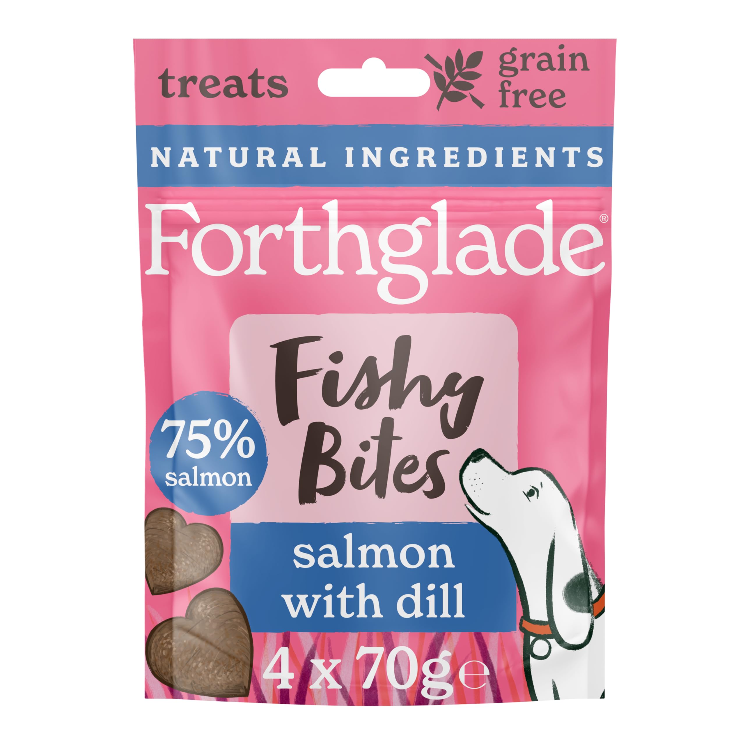 Forthglade Fishy Bites (4 x 70g Bags) - Hypoallergenic & Grain Free Dog Treats, Salmon with Dill, Natural Dog Treats with 75% Salmon, Resealable Bags