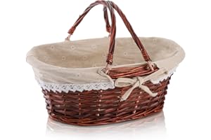 Dicunoy Wicker Basket with Handle, Picnic Baskets with Liner, Empty Gift Gardening Baskets for Harvesting, Willow Organizer Storage Basket for Fruit, Candy, Wine, Gathering, Wedding