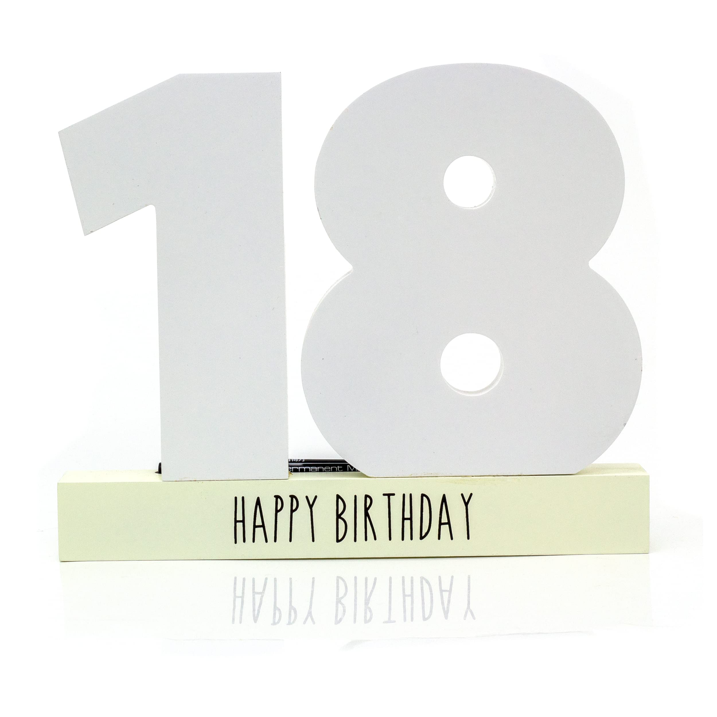 HOX Collection Celebrate in Style White Wooden 18th Birthday Signature Age Plaque with Black Marker Pen Freestanding White Wrapped Numbers to Sign Perfect Personalised Gift for Birthdays — image 1