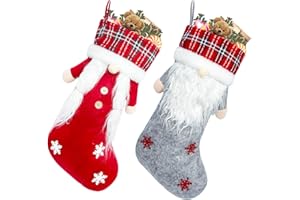Meajore 2 Pcs Christmas Stockings New Set, Personalized (18inch) Christmas Stockings 3D Gnomes Santa Soft Classic Red and Grey Fireplace Hanging for Family Holiday Xmas Party Decorations