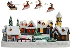 MerryPulse Christmas Village, Colorful Animated Scenes with Santa Reindeer Sleigh Musical Christmas Village Houses Collectible Building for Xmas Indoor Decorations