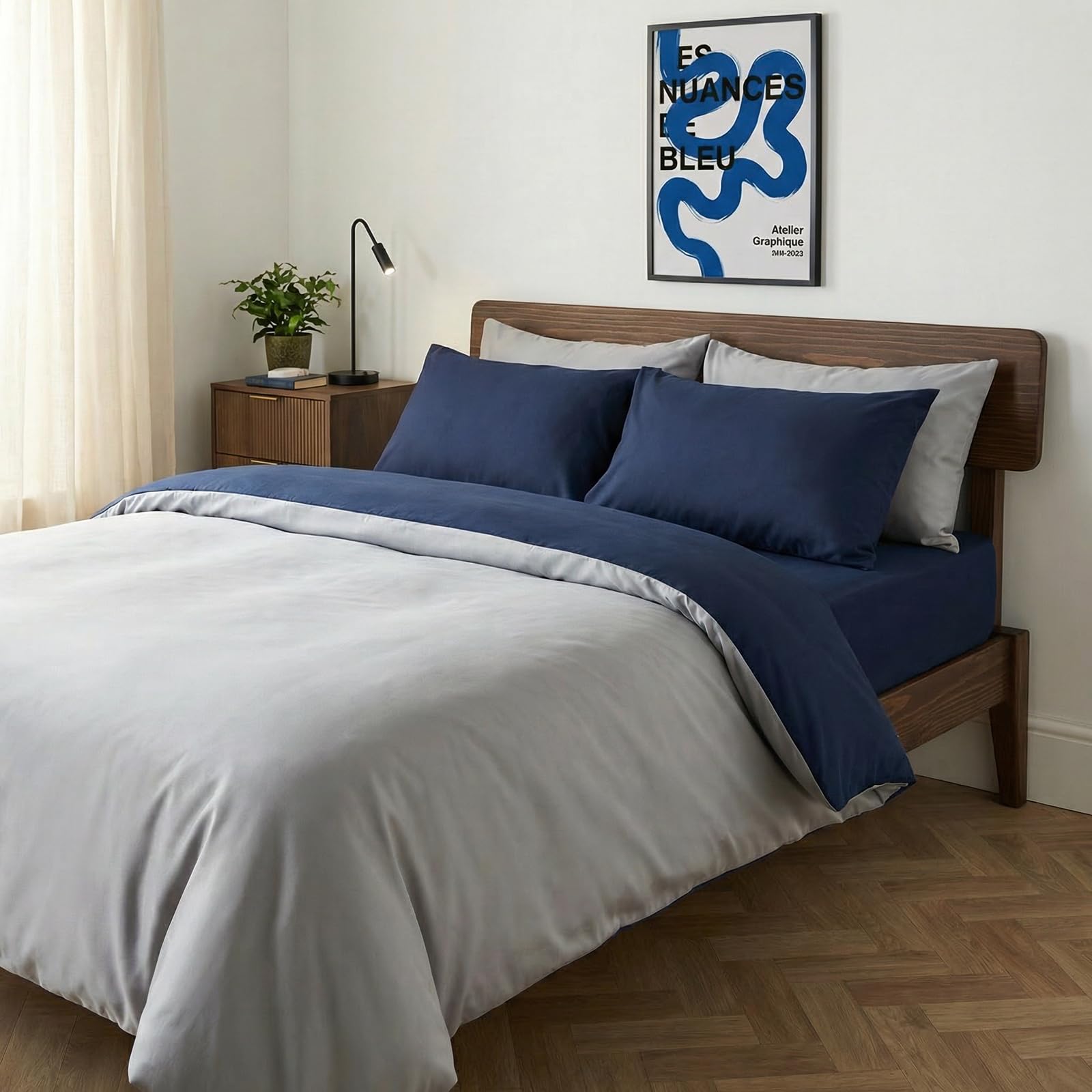 Brentfords Bedding Double Bed Set, Reversible Navy/Grey Luxury Hotel Quality Soft Breathable Microfibre Double Duvet Set Quilt Bedding with Pillowcases