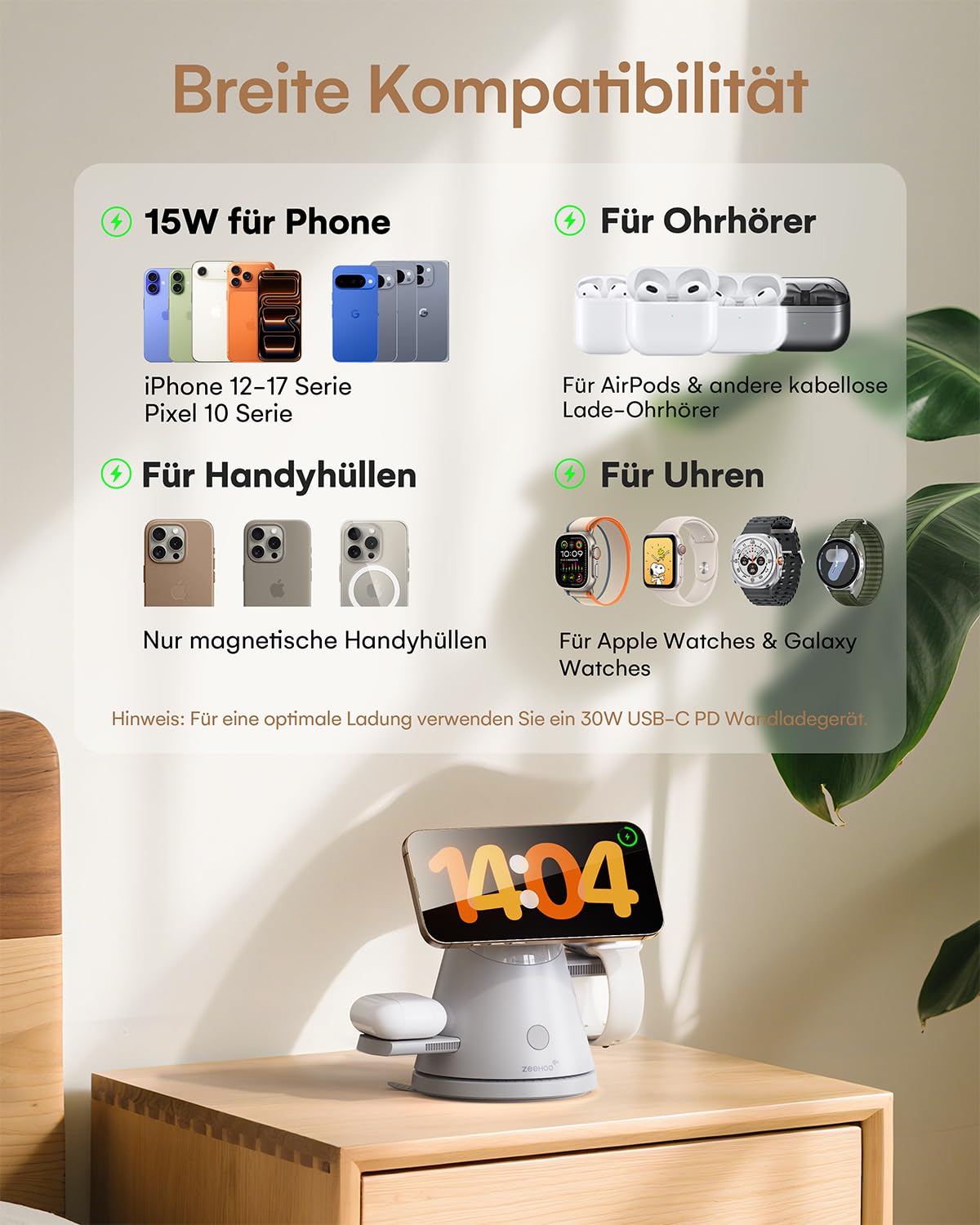 3 in1 Ladestation für Apple-Geräte, Qi2 Mag-Safe Ladeständer mit Licht, schnelle drahtlose Ladestation für iPhone 17/16/15/14/13/12 & AirPods & iWatch & Pixel 10 & Samsung Galaxy Watch, 30W Adapter 5