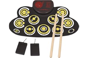PENGDA Electronic Drum Set Kids Foldable Practice Drum Pad Rechargeable Drum Kit, Built in Speakers Foot Pedals,Drum Sticks, Birthday Gift for Beginners (Yellow)