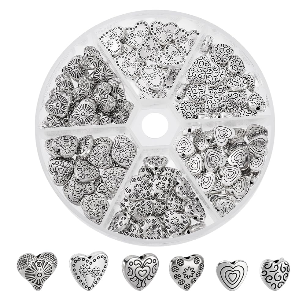 PandaHall 125pcs 6 Style Heart Spacer Beads Tibetan Alloy Antique Sweet Heart Metal Beads for Bracelet Jewellery Making