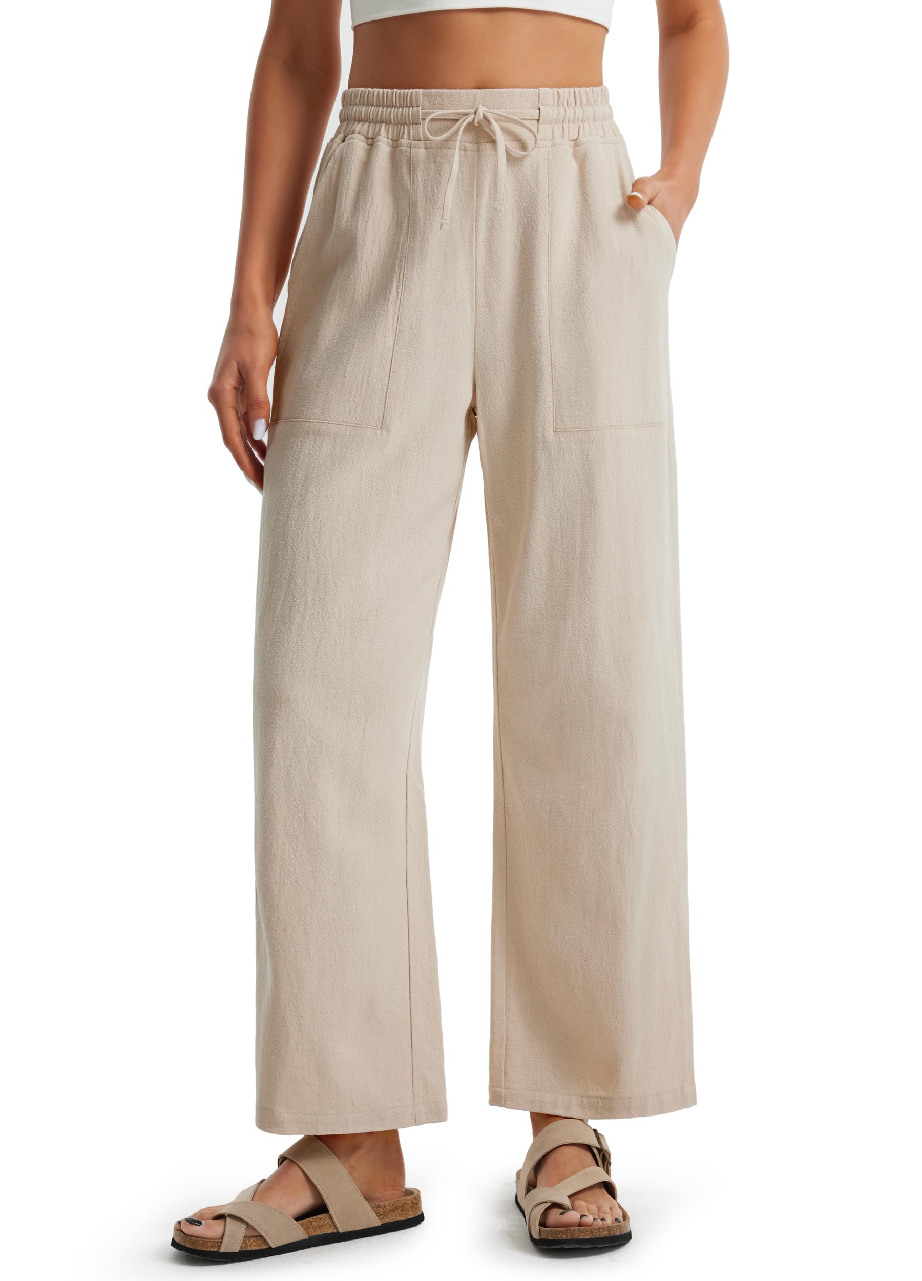 Photo 1 of Libin Women Linen Pants Wide Leg Side Slit Ankle Pants High Waist Drawstring Casual Palazzo Loose Beach Pant Cropped Trousers Khaki M
