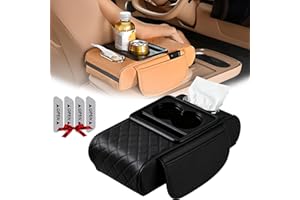 Multifunctional PU Leather Car Armrest Box Mat, Leather Car Armrest Box Mat with 2 Cup Holder, Phone Holder, Pocket, Car Tiss