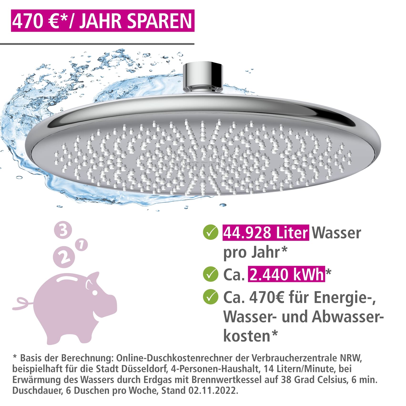 WENKO Wasserspar Regenduschkopf Watersaving, Kopfbrause mit Wasserspar-System, ABS, Chrom/Grau, rund, Ø 22,5 cm 3