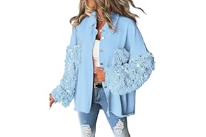 CHICME BEST SHOPPING DEALS Womens Jacket Sequin Patchwork Long Sleeve Jacket Top Button Front Oversized Denim Shacket