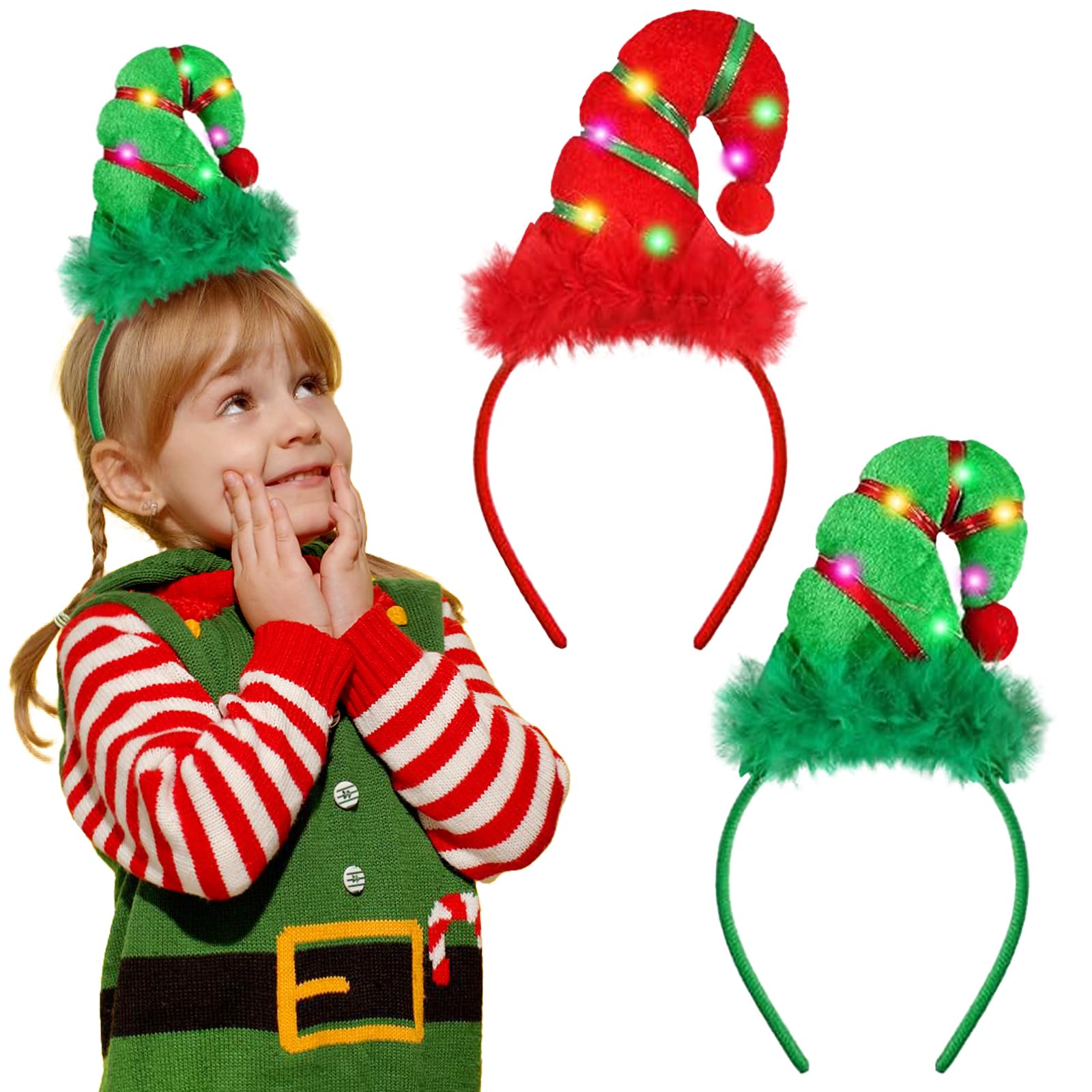 Landifor 2pcs LED Elf Headbands Christmas Light Up Headband Xmas LED Elf Hat Hair Hoop Kids Adult Elves Headwear for Xmas Party Fancy Dress Costume Accessories Photo Booth