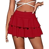 Girece Red Skirts Mini Pleated Ruffles Skirt with Drawstring Fairy Costume Flowy High Waist Layered Clubwear Rave Outfit (Red, Large)